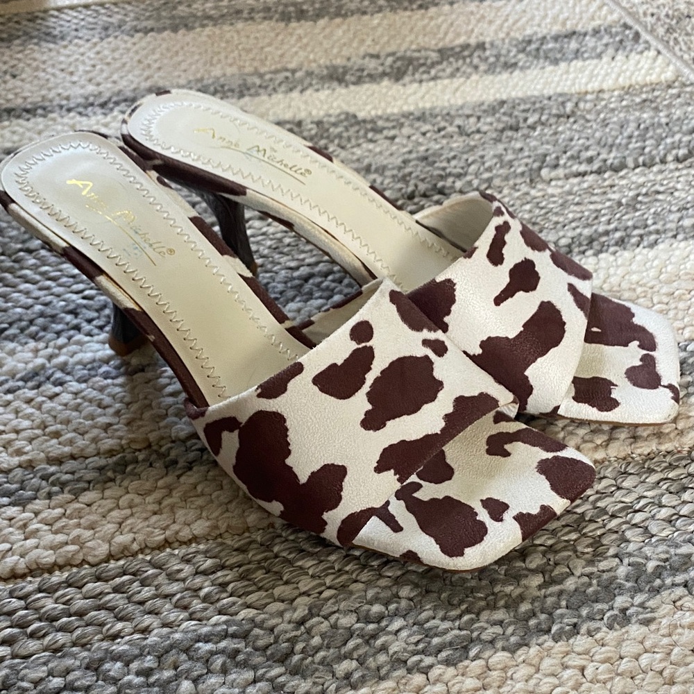 Anne Michelle Brown and White Cow Print Heeled Mules